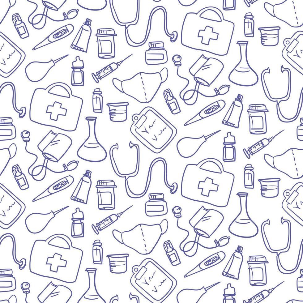 A pattern with medical instruments in the style of hand-sketching. Contour drawing of medical instruments. Background for printing on paper packaging, textiles. vector