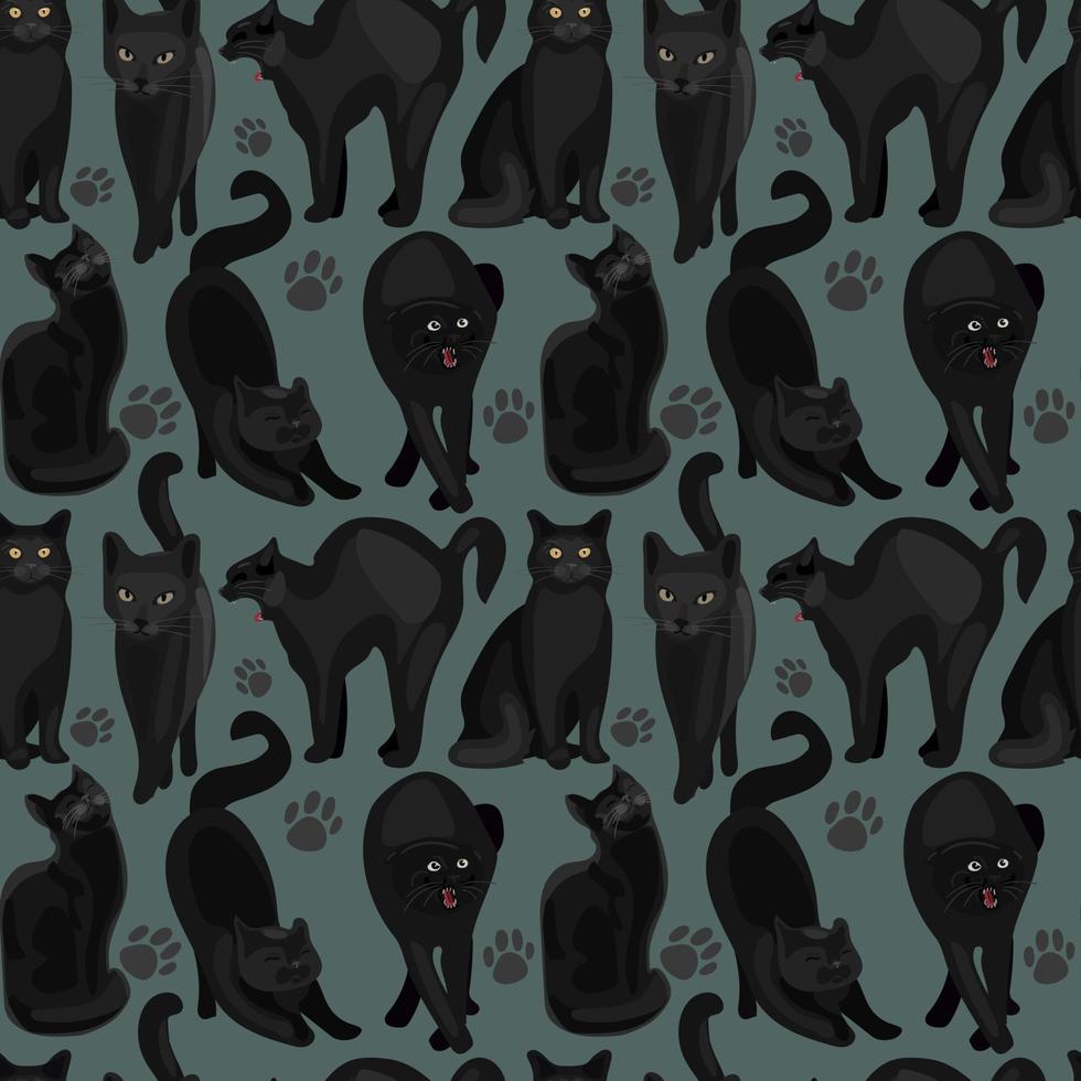 gatos negros de patrones sin fisuras. gatos con patas en diferentes poses. papel de envolver, telas de moda, estampados, patrones. vector