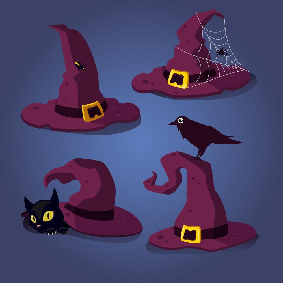 A set of vector illustrations of Halloween hats. A witch's hat with a spider and a spider, a raven, a firefly, a black cat, a vat of potion, bats highlighted on a gradient background.