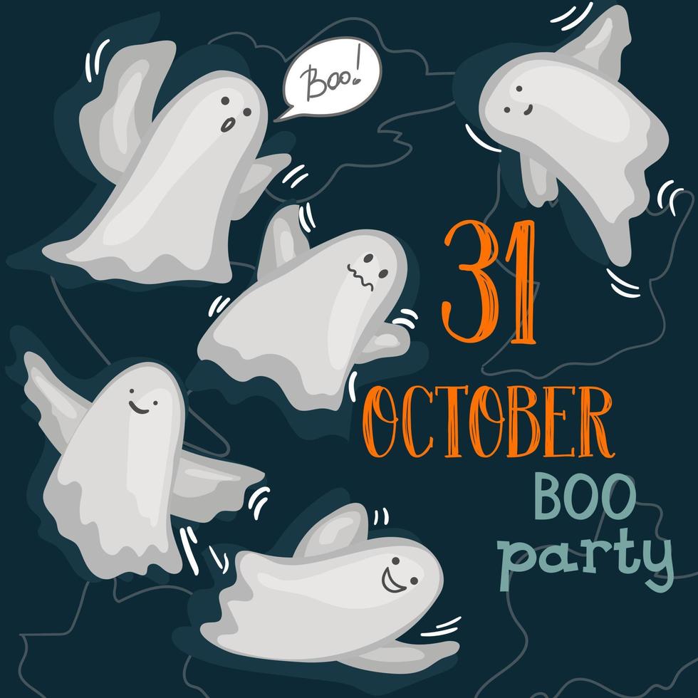 Happy Halloween. October 31st. Vector illustration with ghosts. Suitable for poster, media banner, cover or postcard.