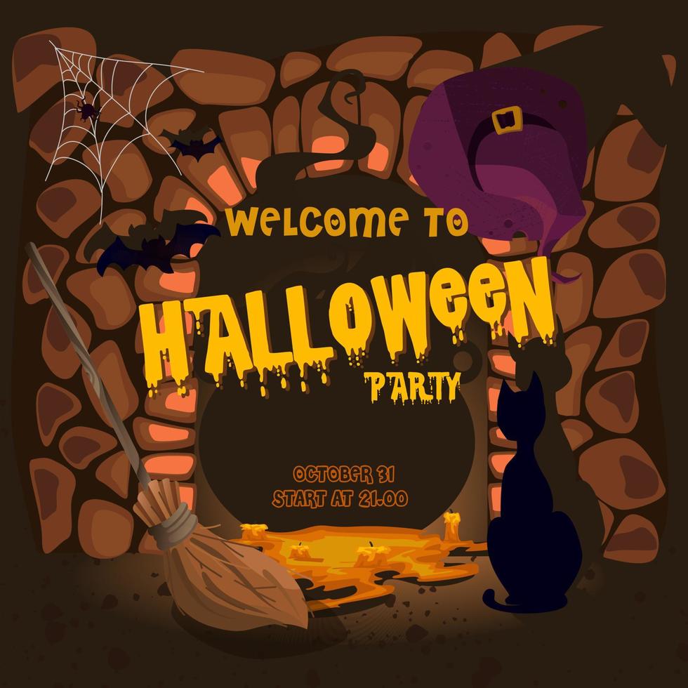 Halloween background is a black cat, a broom, a vat of potion, bats, a spider web and a witch hat. Greeting card for a party and sale. Autumn holidays. Vector illustration.