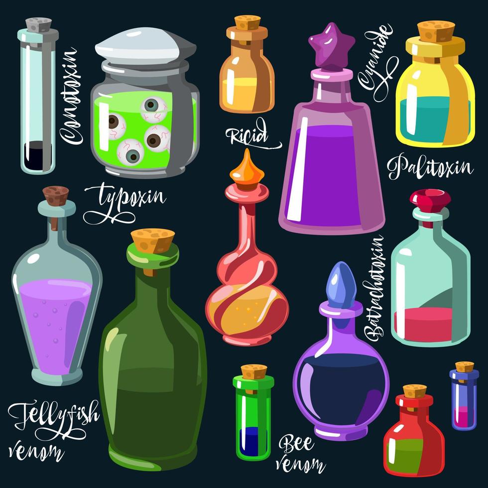 The outline of a set of glass containers with poisons and potions. Black and white poisons in glass jars set for Halloween. vector