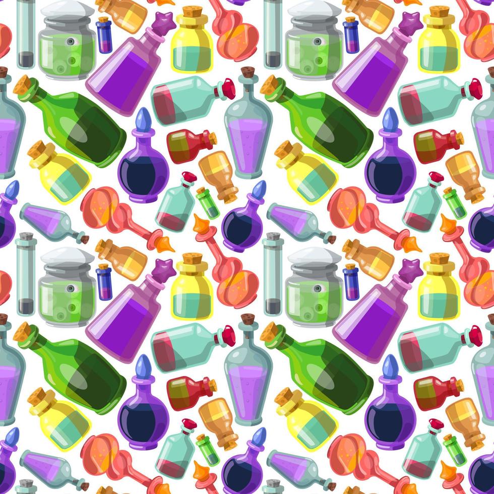 Seamless vector pattern of poison bottles. A set of colored glass bottles. Poisons, potions, liquids in containers. Halloween jars.