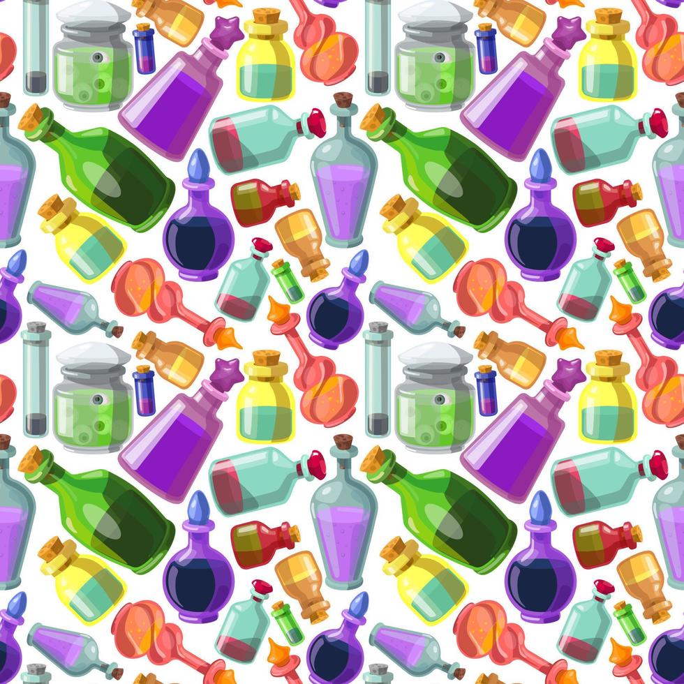 patrón vectorial sin costuras de botellas de veneno. un conjunto de botellas de vidrio de colores. venenos, pociones, líquidos en recipientes. frascos de halloween vector