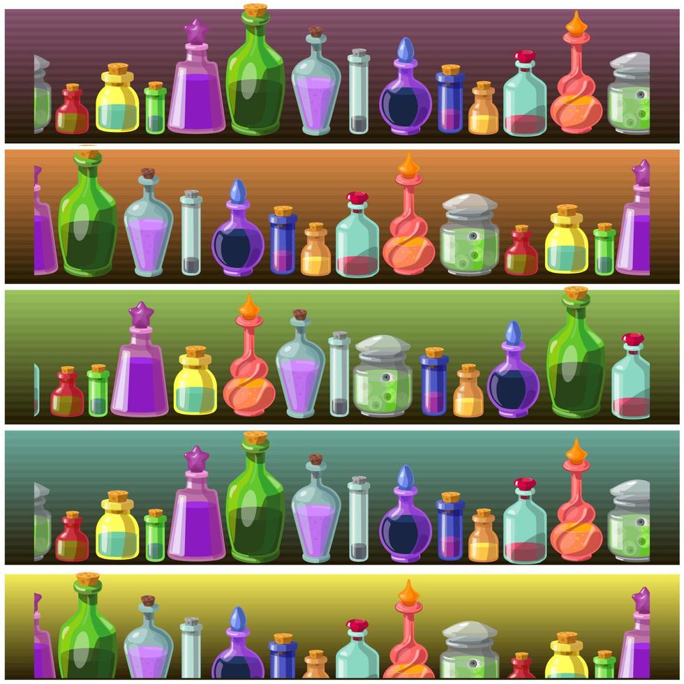 Seamless vector pattern of poison bottles. A set of colored glass bottles. Poisons, potions, liquids in containers. Halloween jars.