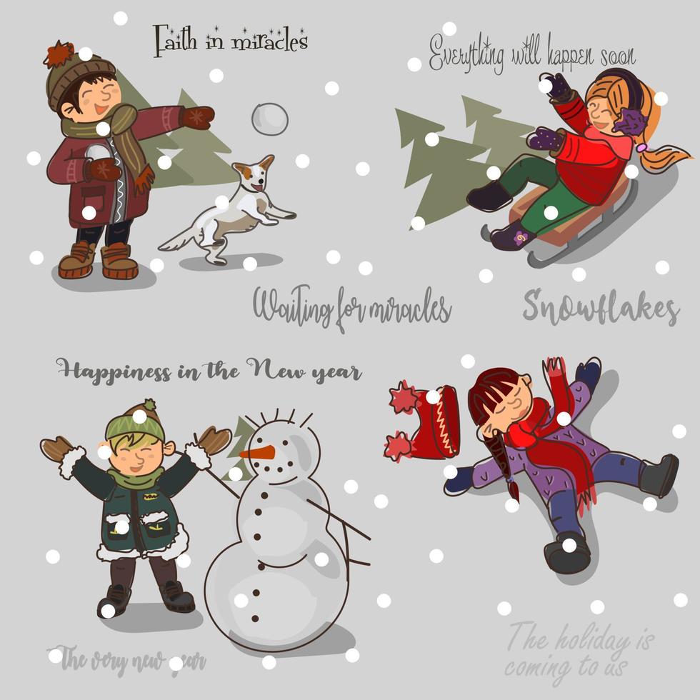 Feliz Navidad. un conjunto con niños que disfrutan de las vacaciones de navidad en un clima nevado con un paisaje invernal. los niños se divierten y juegan con la nieve y en la nieve. vector