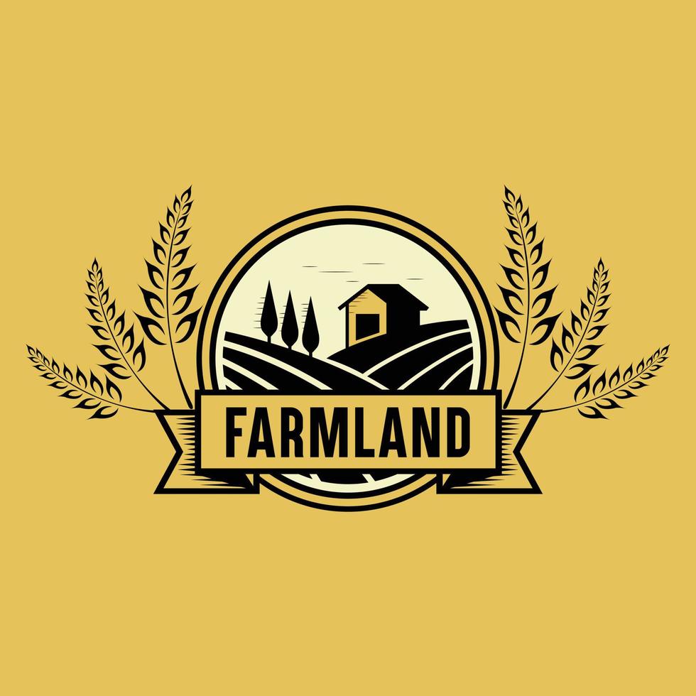 esta imagen en fondo marrón es un logotipo de emblema en color oscuro que implementa un estilo clásico rústico que representa un campo agrícola que puede usarse para la agricultura empresa o producto relacionado con la granja vector