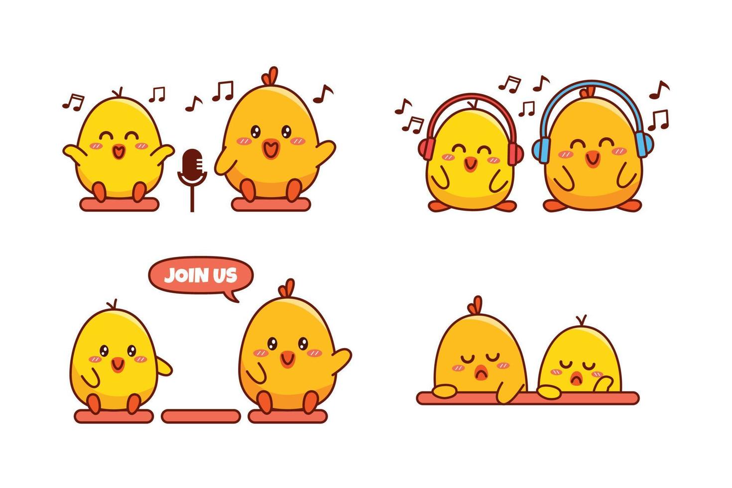 conjunto de linda pareja patito o pollito para pegatina de redes sociales emoji cantando con auriculares y micrófono únete a nosotros siéntete aburrido o triste emoticono vector