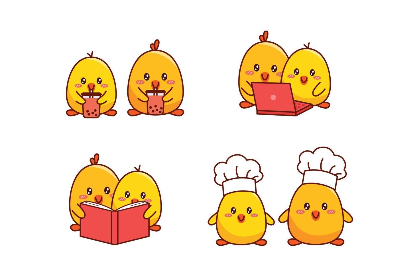 conjunto de linda pareja patito o pollito para pegatina de redes sociales emoji beber té de burbujas reloj en computadora leyendo libro chef emoticono vector