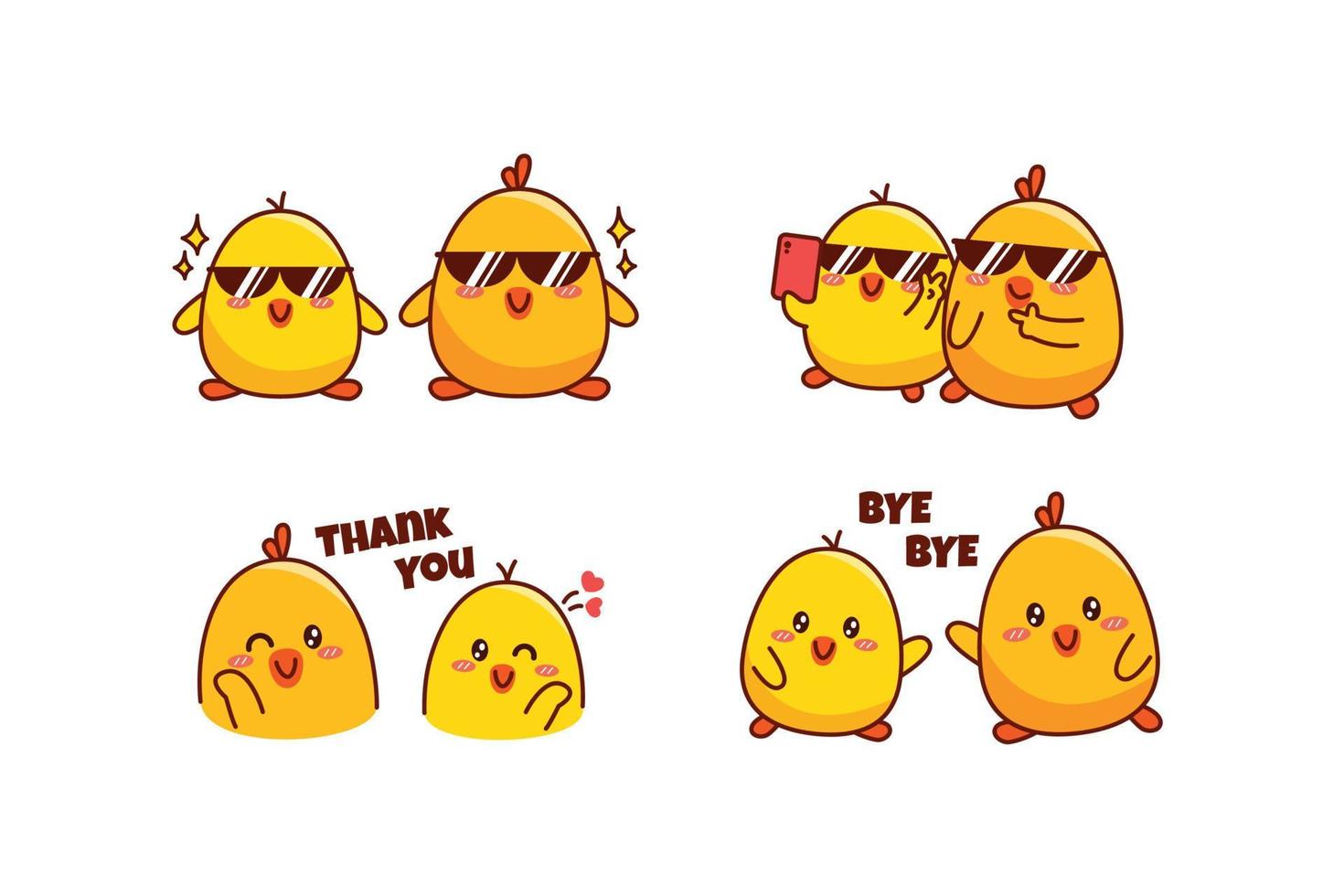 Set of cute couple little duck or little chick for social media sticker emoji wearing sunglasses take a picture say thank you and bye bye emoticon vector