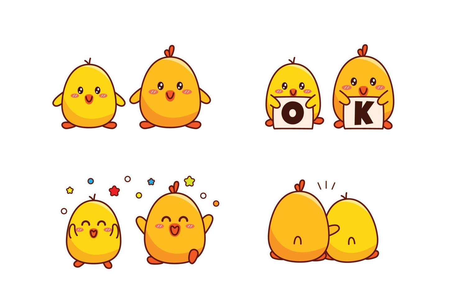 conjunto de linda pareja patito o pollito para pegatina de redes sociales emoji decir ok feliz y abrazar emoticono vector