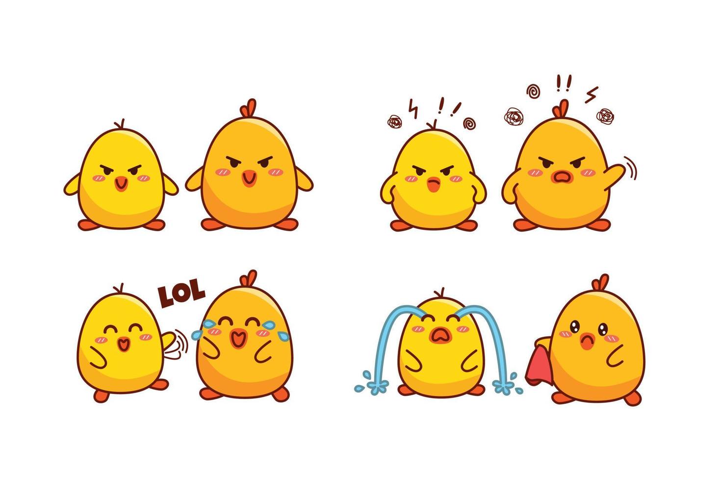 Set of cute couple little duck or little chick for social media sticker emoji angry laughing out loud cry emoticon vector