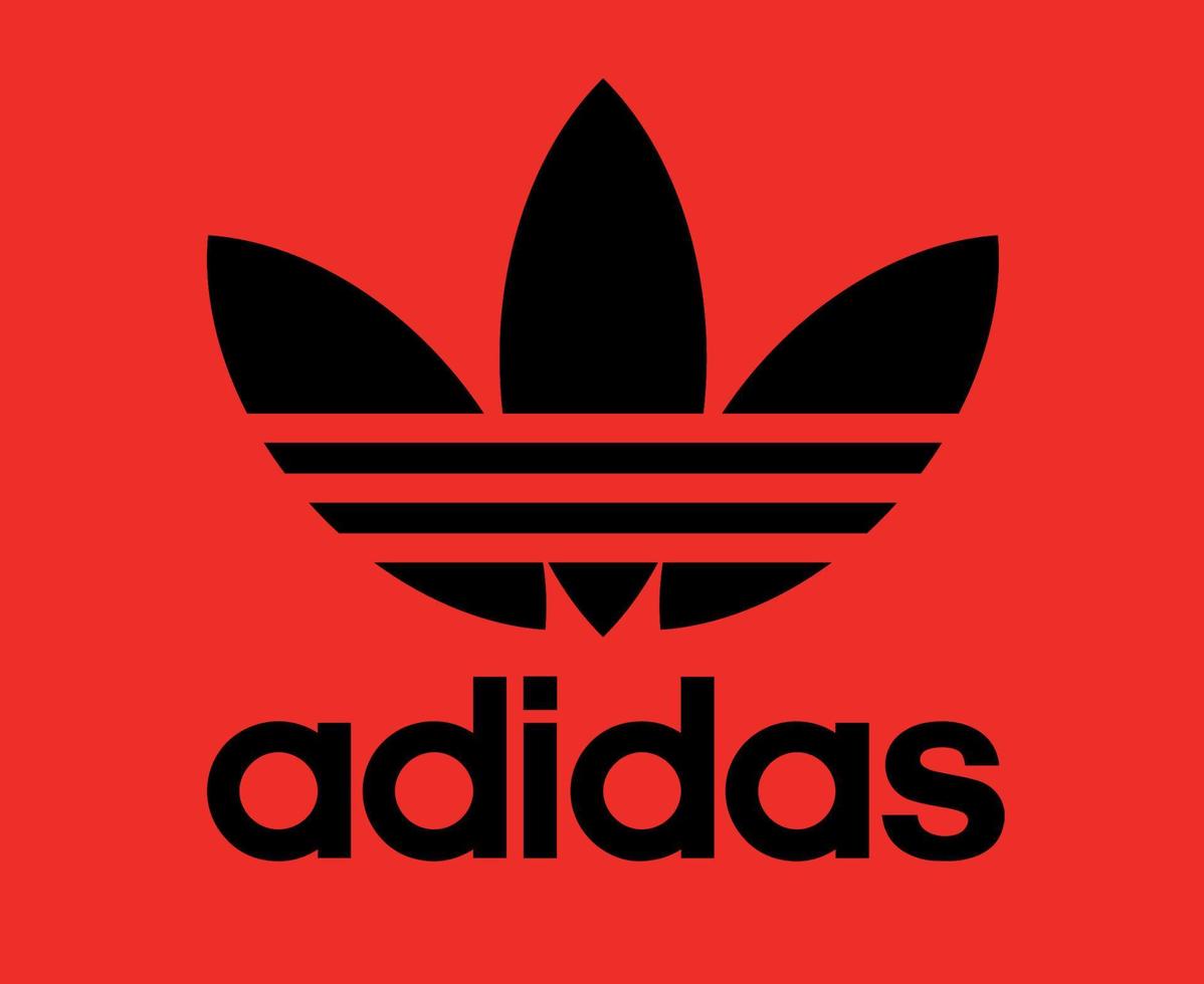 Logotipo de símbolo de adidas negro con nombre icono de diseño de ropa ilustración de vector de fútbol abstracto con fondo rojo