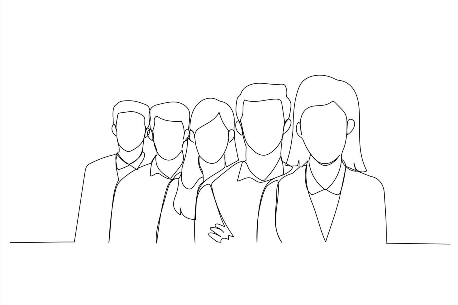 Cartoon of happy business team standing in a row at office. Single continuous line art style vector