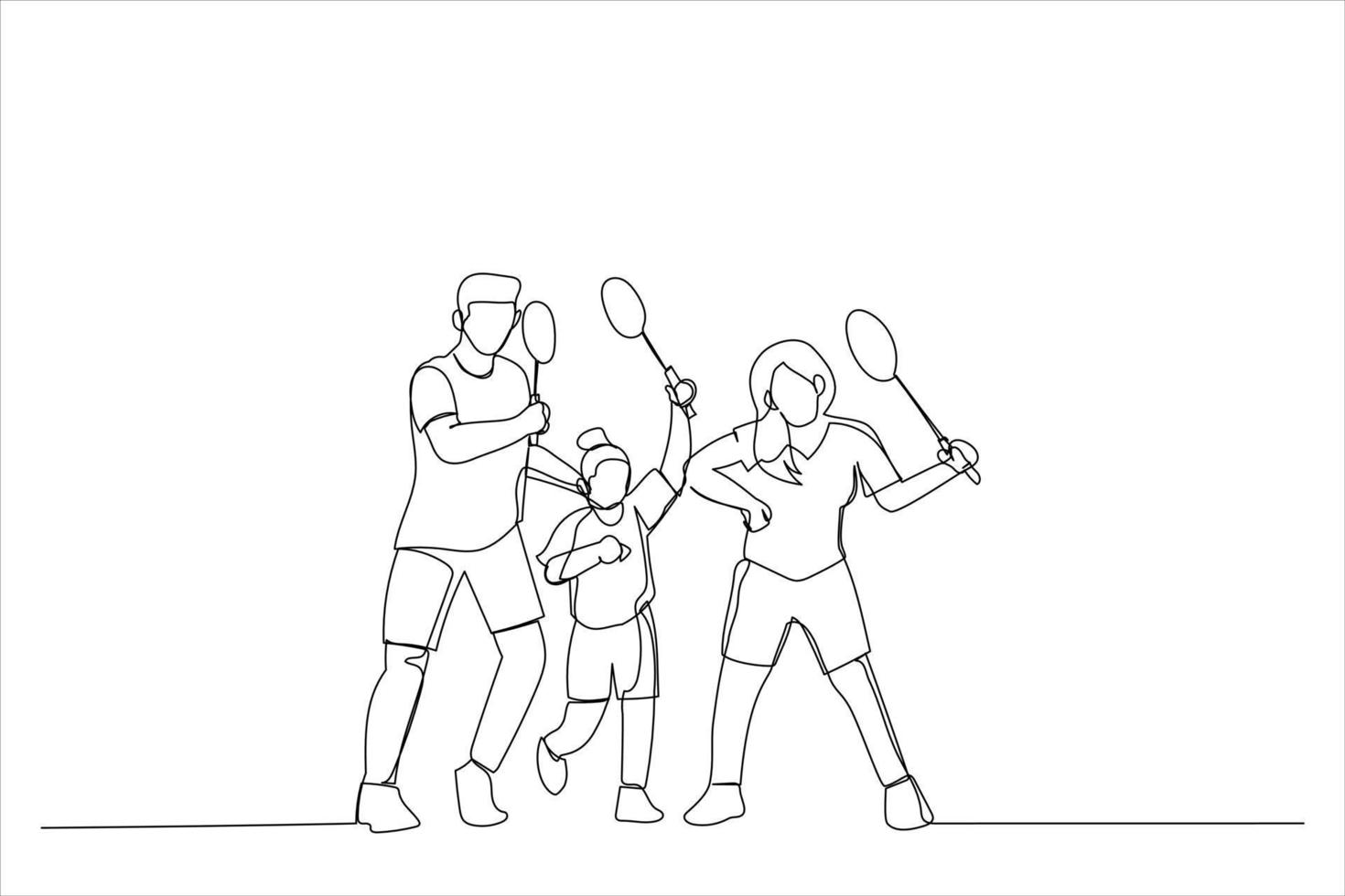 Drawing of family with badminton rackets and shuttlecock. Single continuous line art vector