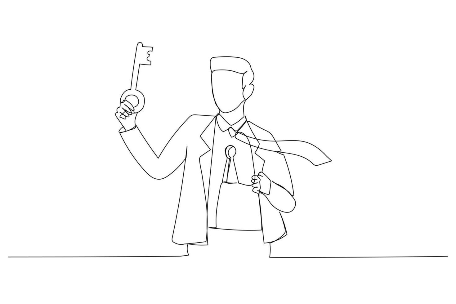 Drawing of businessman holding big key about to unlock keyhole on his body. Metaphor for reach true potential, personal career success. One line style art vector