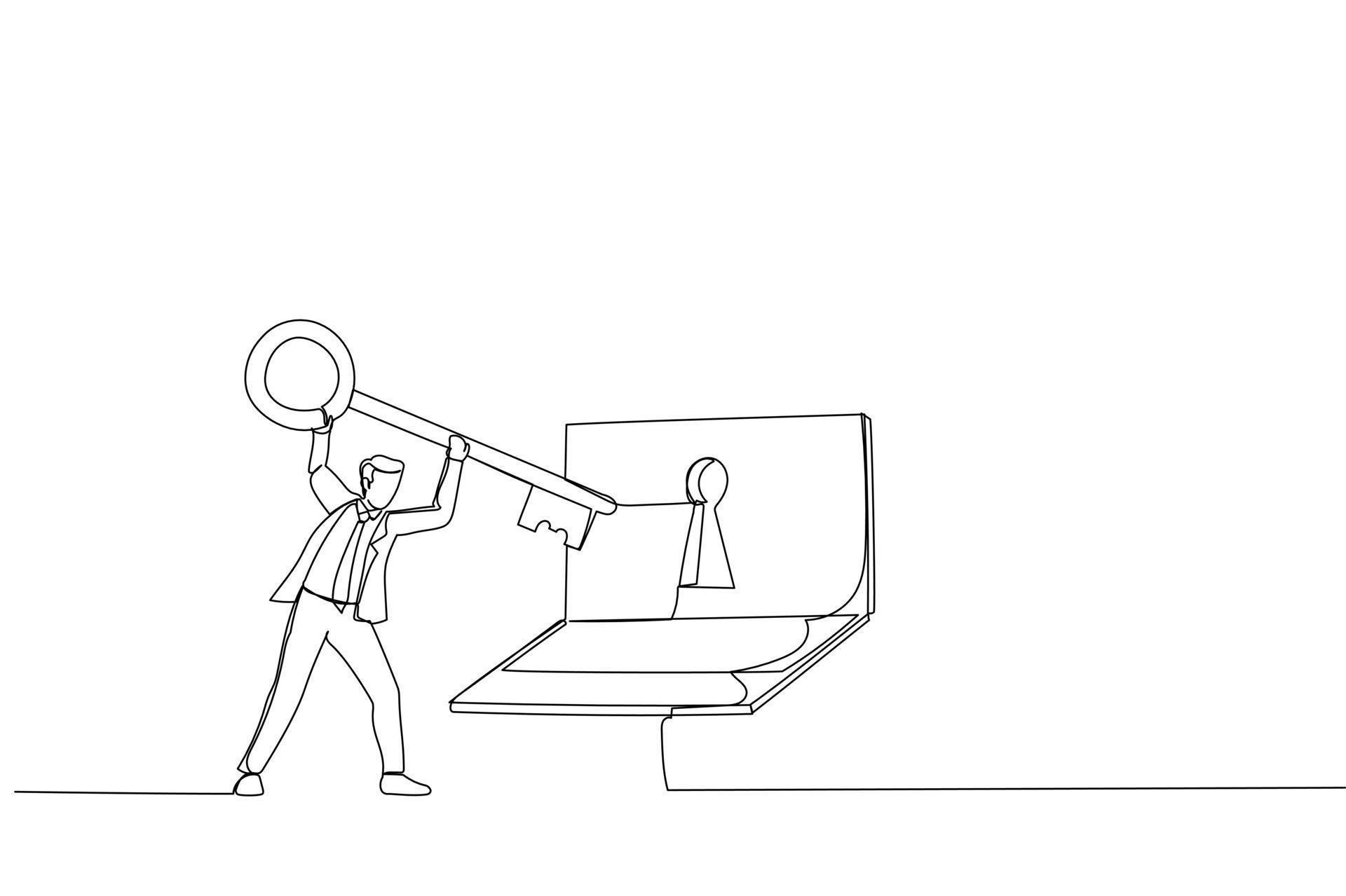 Drawing of businessman hold the keys and computer laptop with