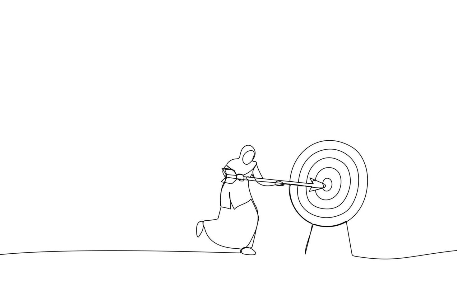 Cartoon of muslim businesswoman shooting target with arrow. Metaphor for market goal achievement, financial aim. Single continuous line art style vector