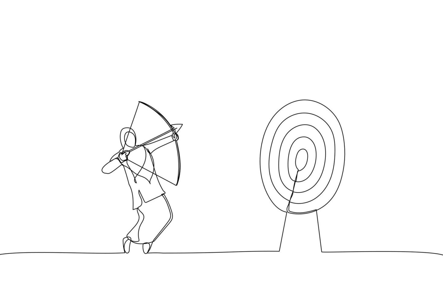 Drawing of blindfolded muslim businesswoman shooting arrow and missed the target. Single continuous line art vector