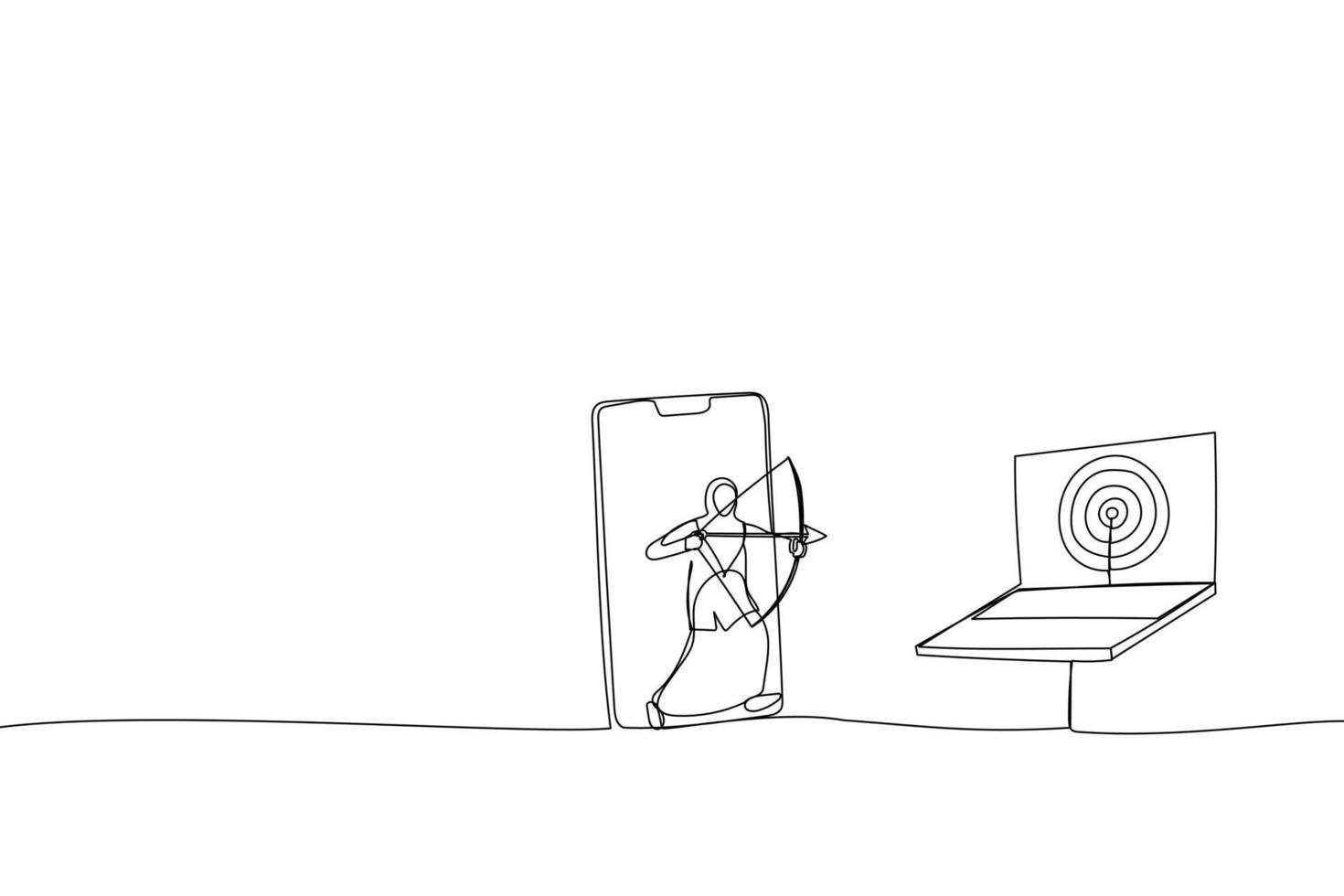 Cartoon of muslim businesswoman from mobile app aiming target and other computer laptop. Metaphor for remarketing or behavioral retargeting in digital advertising. Single continuous line art style vector