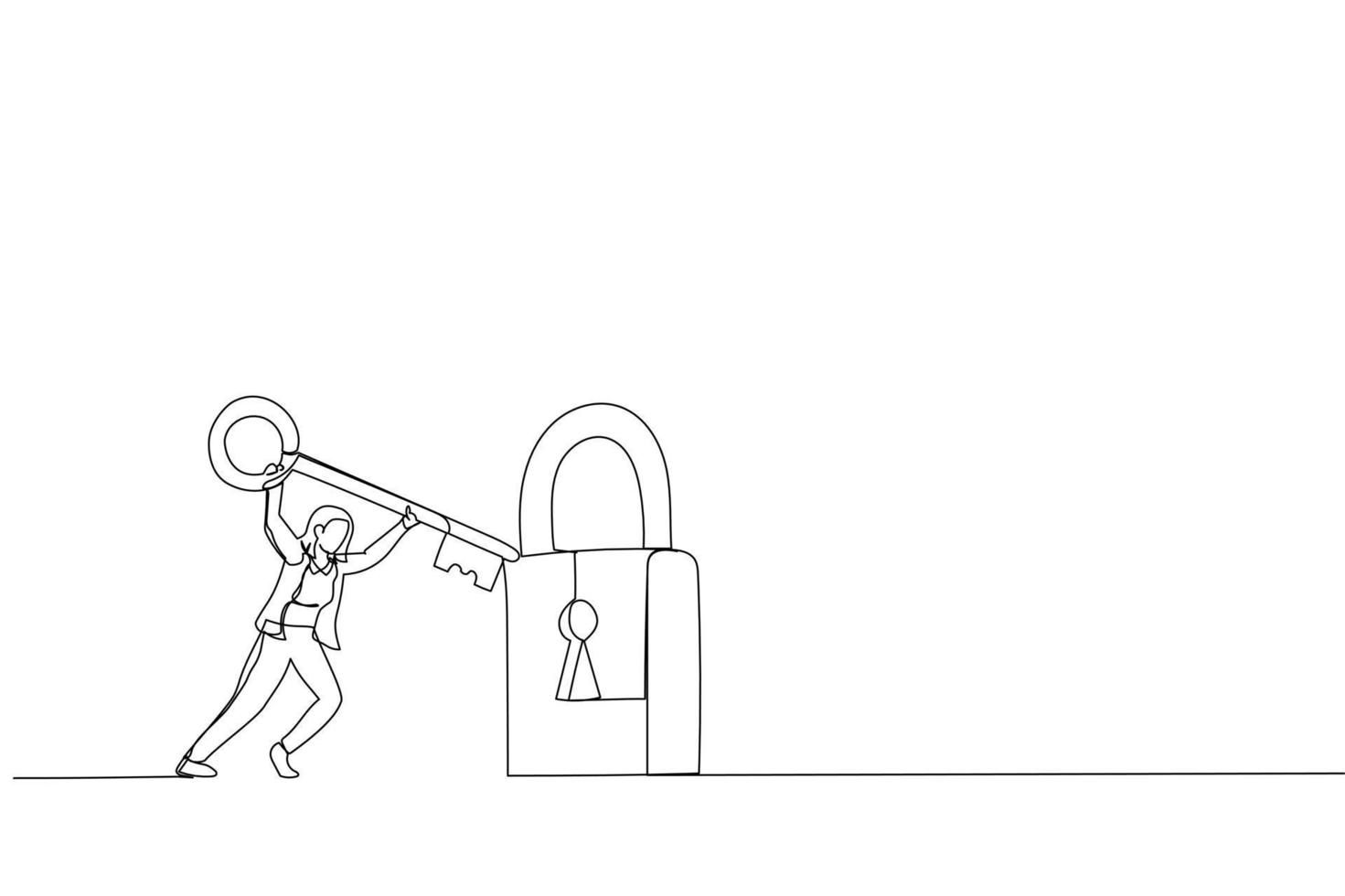 Cartoon of smart businesswoman holding big key to unlock the pad. Metaphor for problem solving, solutions, and business accessibility. Continuous line art vector