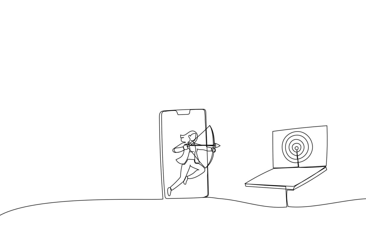 Cartoon of businesswoman from mobile app aiming target and other computer laptop. Metaphor for remarketing or behavioral retargeting in digital advertising. Single continuous line art style vector