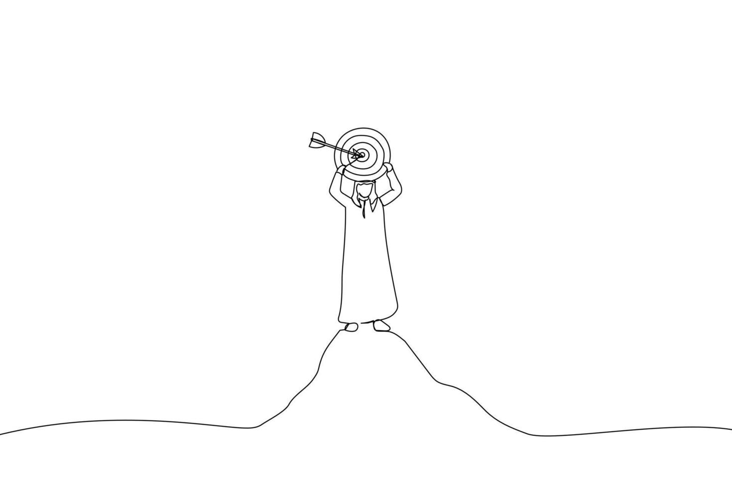 Cartoon of arab businessman holding a target board on top of mountain. Metaphor for aim, objective and achievement. Continuous line art vector