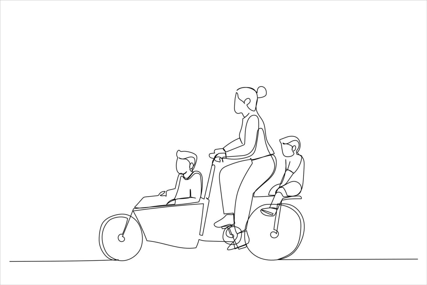 dibujo de madre con dos hijos andando en bicicleta. estilo de arte de una sola línea vector