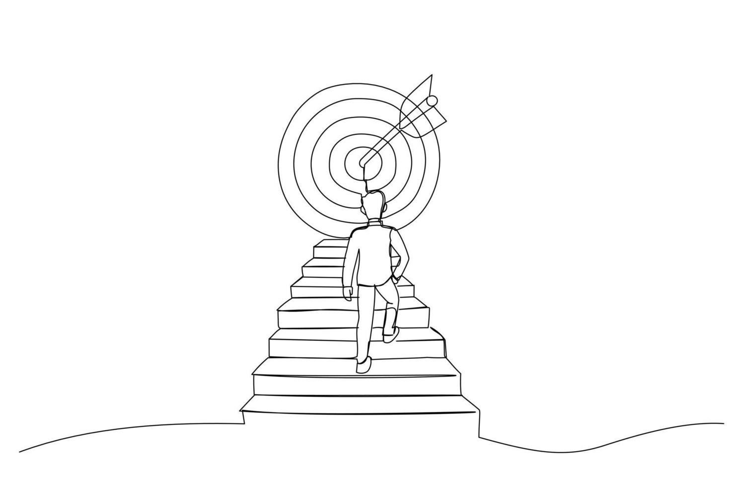 Drawing of businessman climbing stairs toward large target. One line style art vector