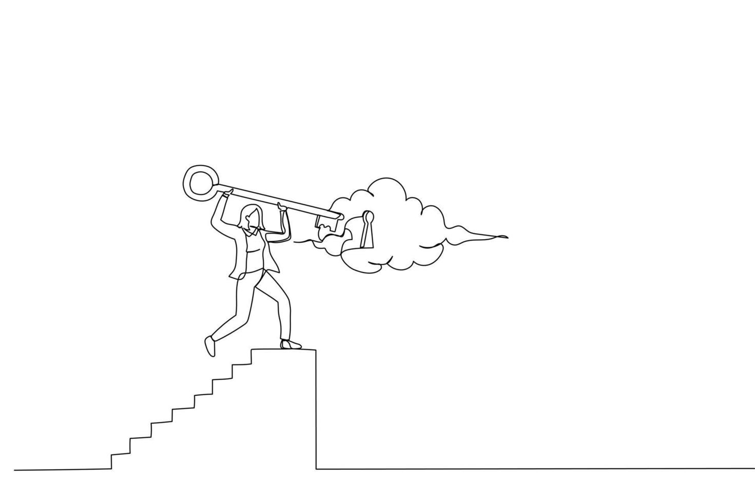 Drawing of businesswoman climb the stairs to put a key in its place as an business solution. Single line art style vector