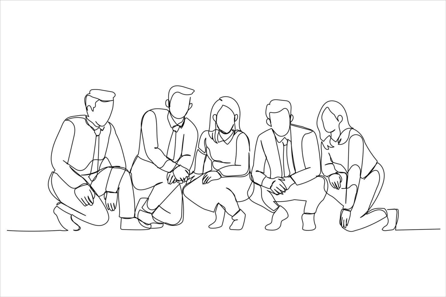 Cartoon of business team squating after brainstorming session full of ideas. Single continuous line art style vector