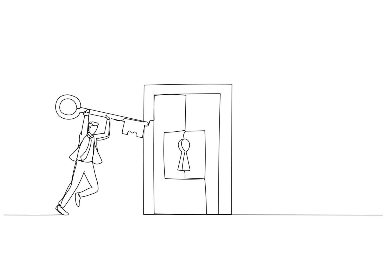 Drawing of businessman and his business team holding big key together and try to unlock the metal door. Metaphor for teamwork to open new opportunity. Single line art style vector