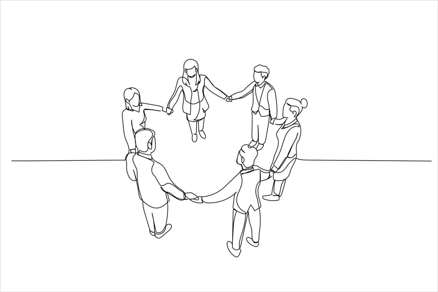 Drawing of business team are holding hands forming circle. Single continuous line art vector
