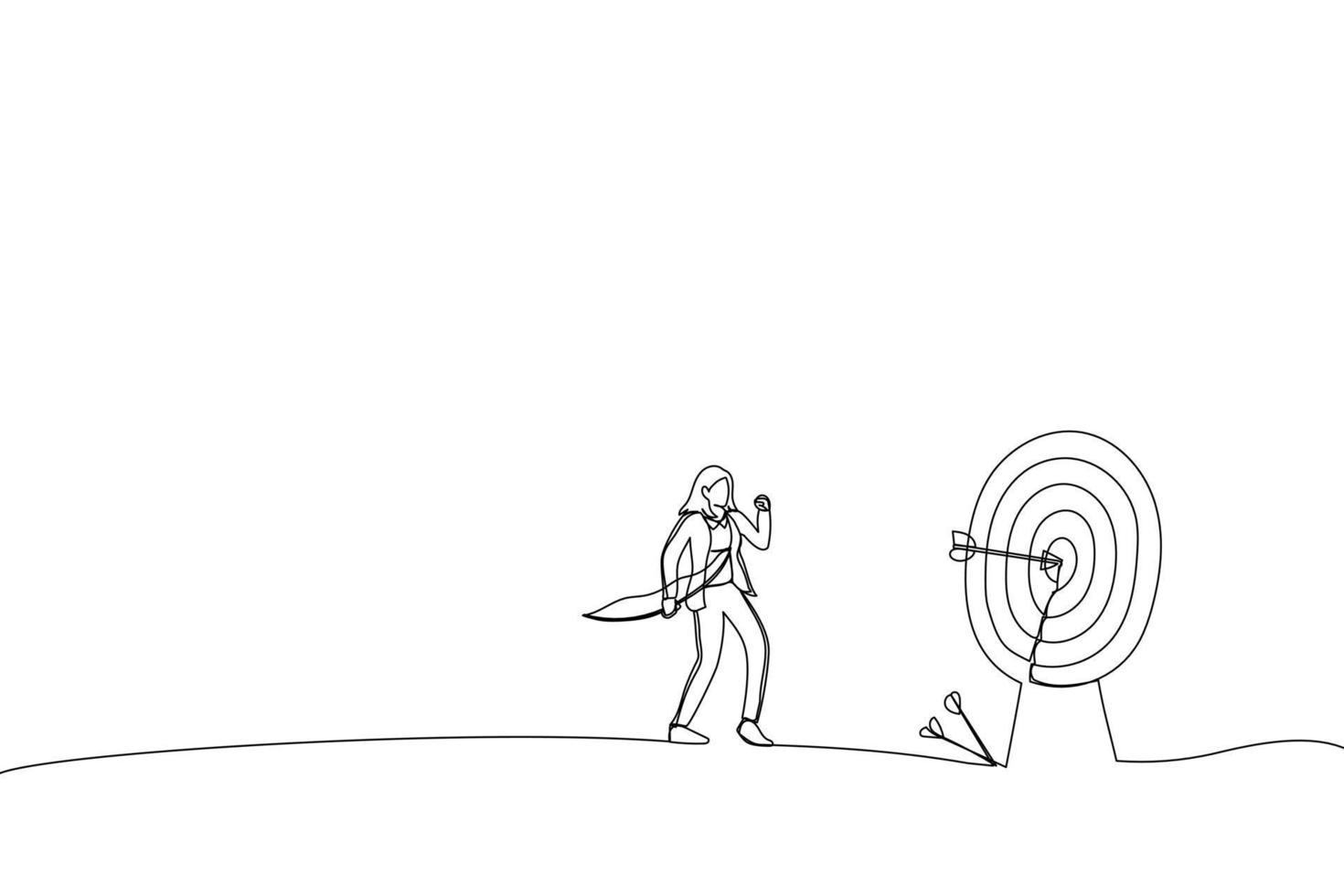 Drawing of businesswoman finally hit target after too many unsuccessful tries. Metaphor for effectiveness and efficiency to measure success rate. Single line art style vector