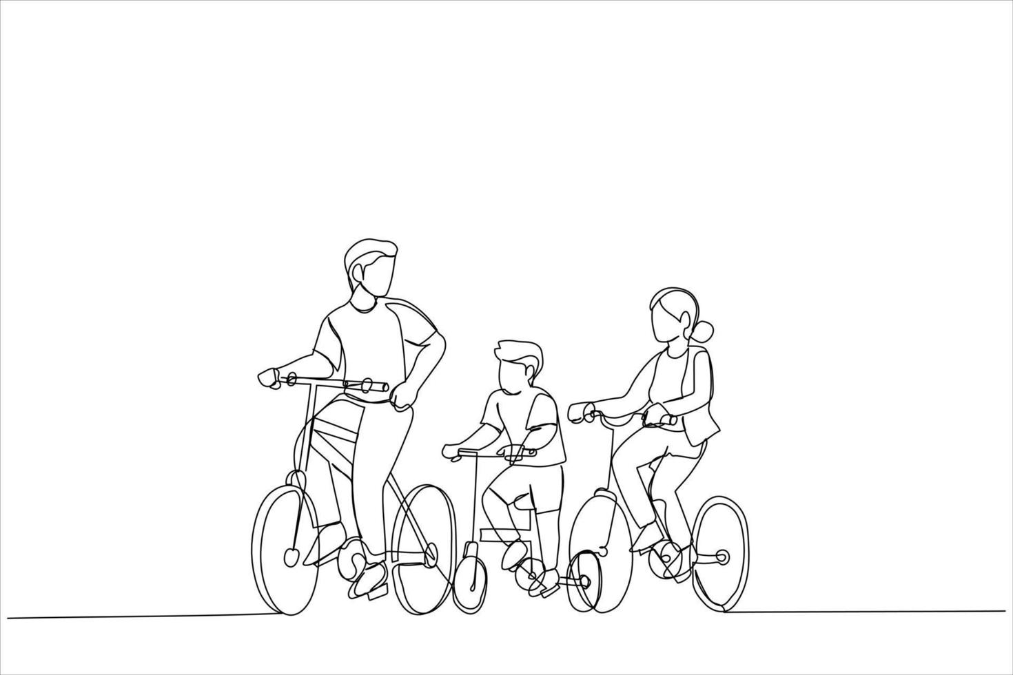 Cartoon of family father and mother teaching their son to ride bicycle at the park. Single continuous line art style vector