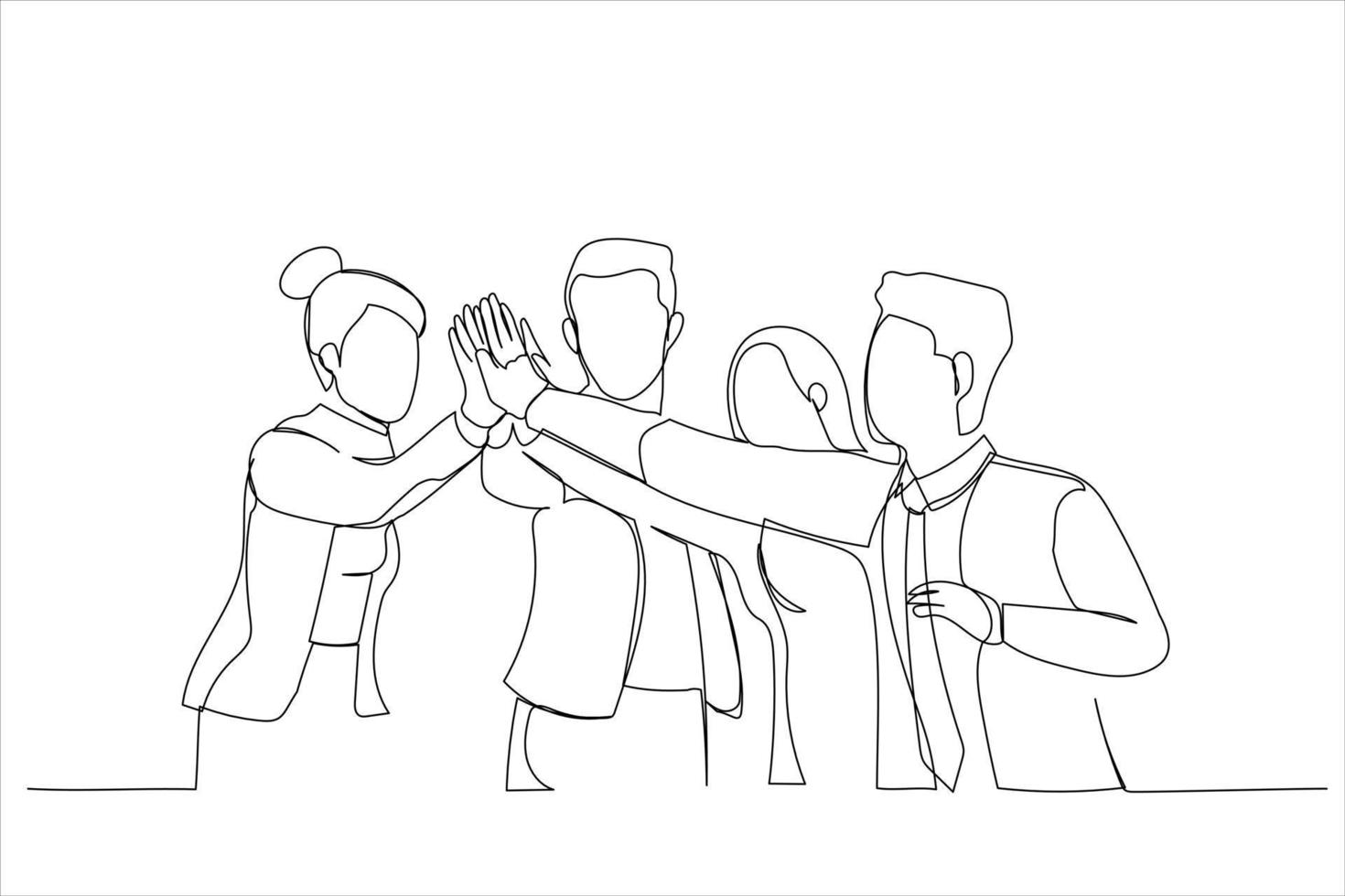 Drawing of Happy coworkers staff members friendly associates give high five celebrating achievement. Single continuous line art vector