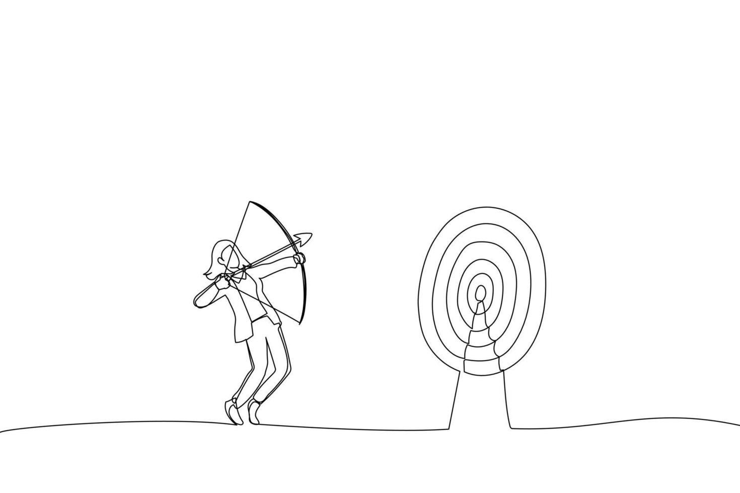 Drawing of blindfolded businesswoman shooting arrow and missed the target. Single continuous line art vector