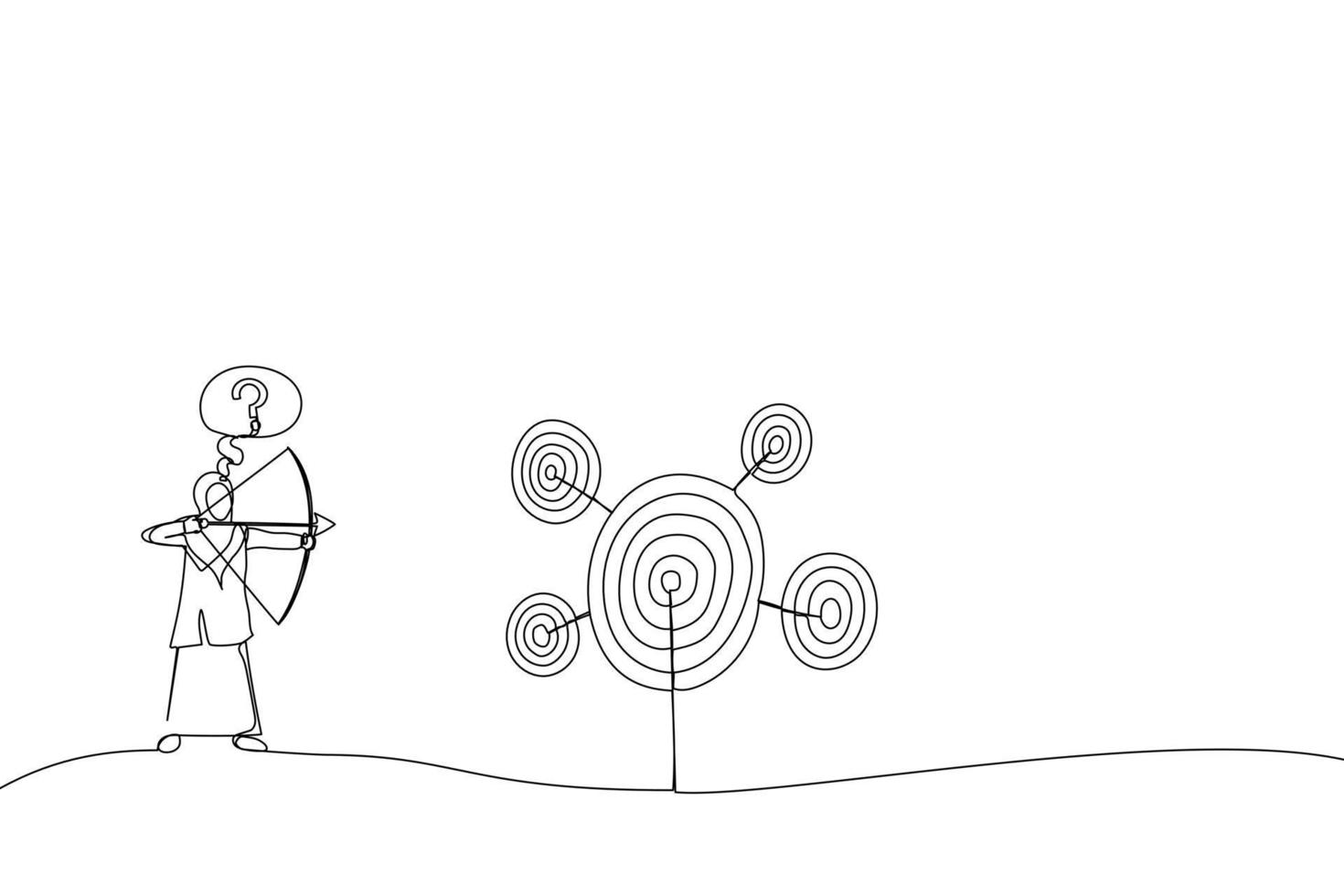 Illustration of muslim businesswoman with bow and arrow look at multiple targets and can not decide which target to shoot at. Metaphor for multitasking and priority. One line art style vector