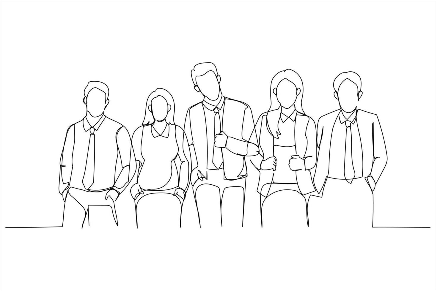 Cartoon of happy people in clothes suitable for office dress code standing. Single continuous line art style vector