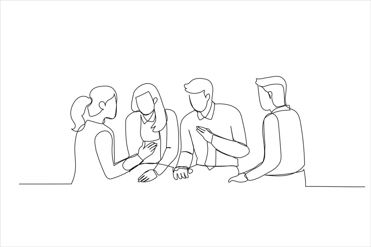 Drawing of businesspeople having meeting in office. Single line art style vector