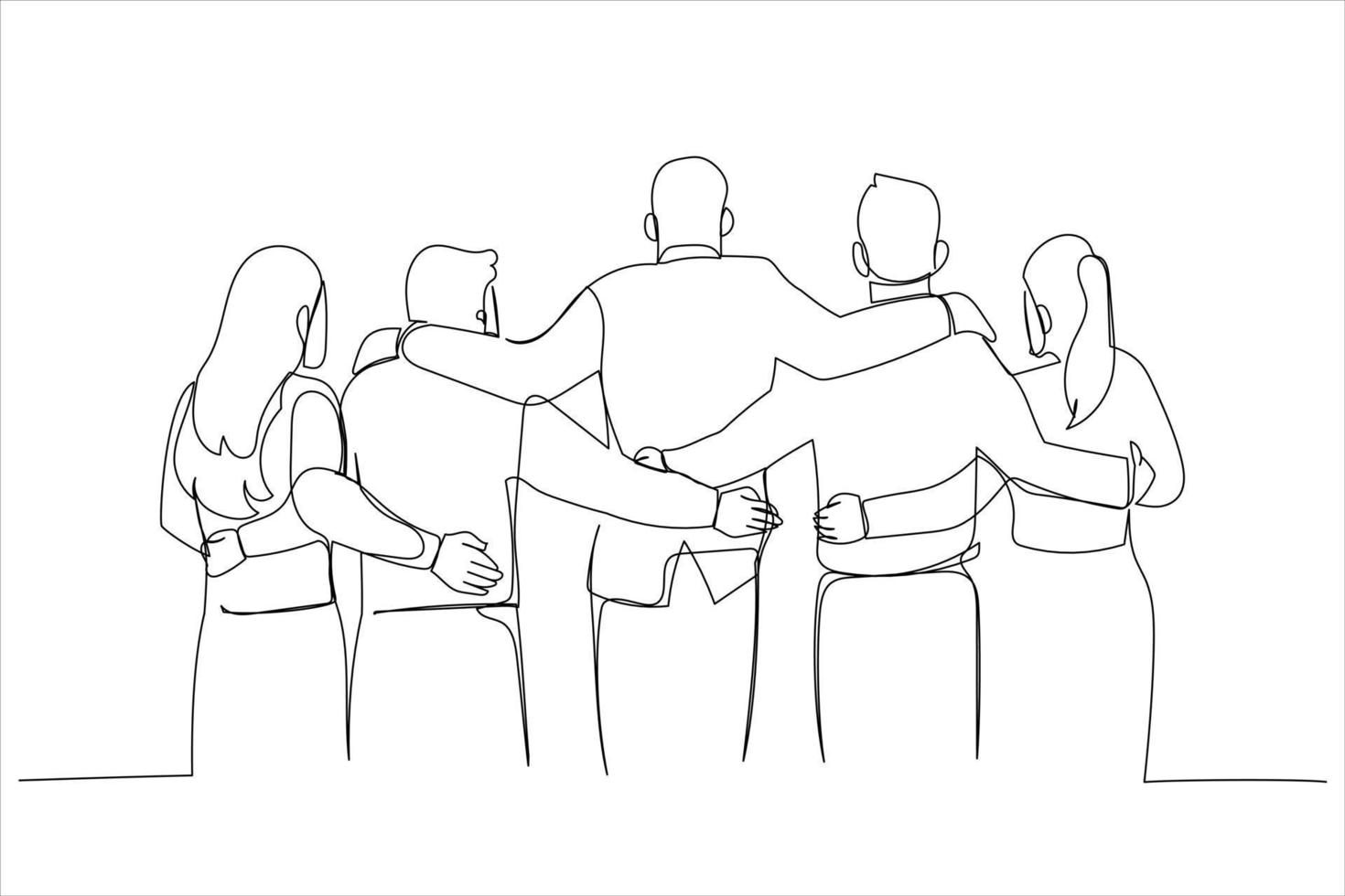 Illustration of people hug standing in a row with their backs to the camera and looking out the window. One line art style vector