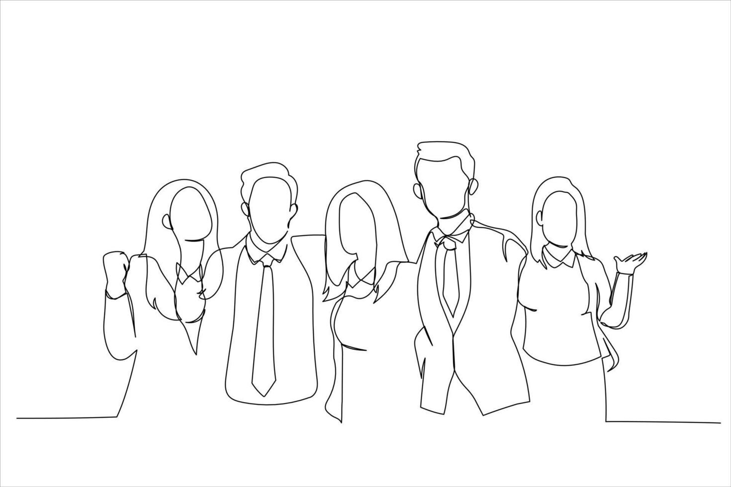 Drawing of successful business team together. Single line art style vector