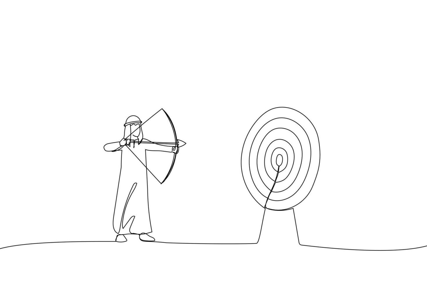 Drawing of successful arab businessman aiming target with bow and arrow. Single line art style vector