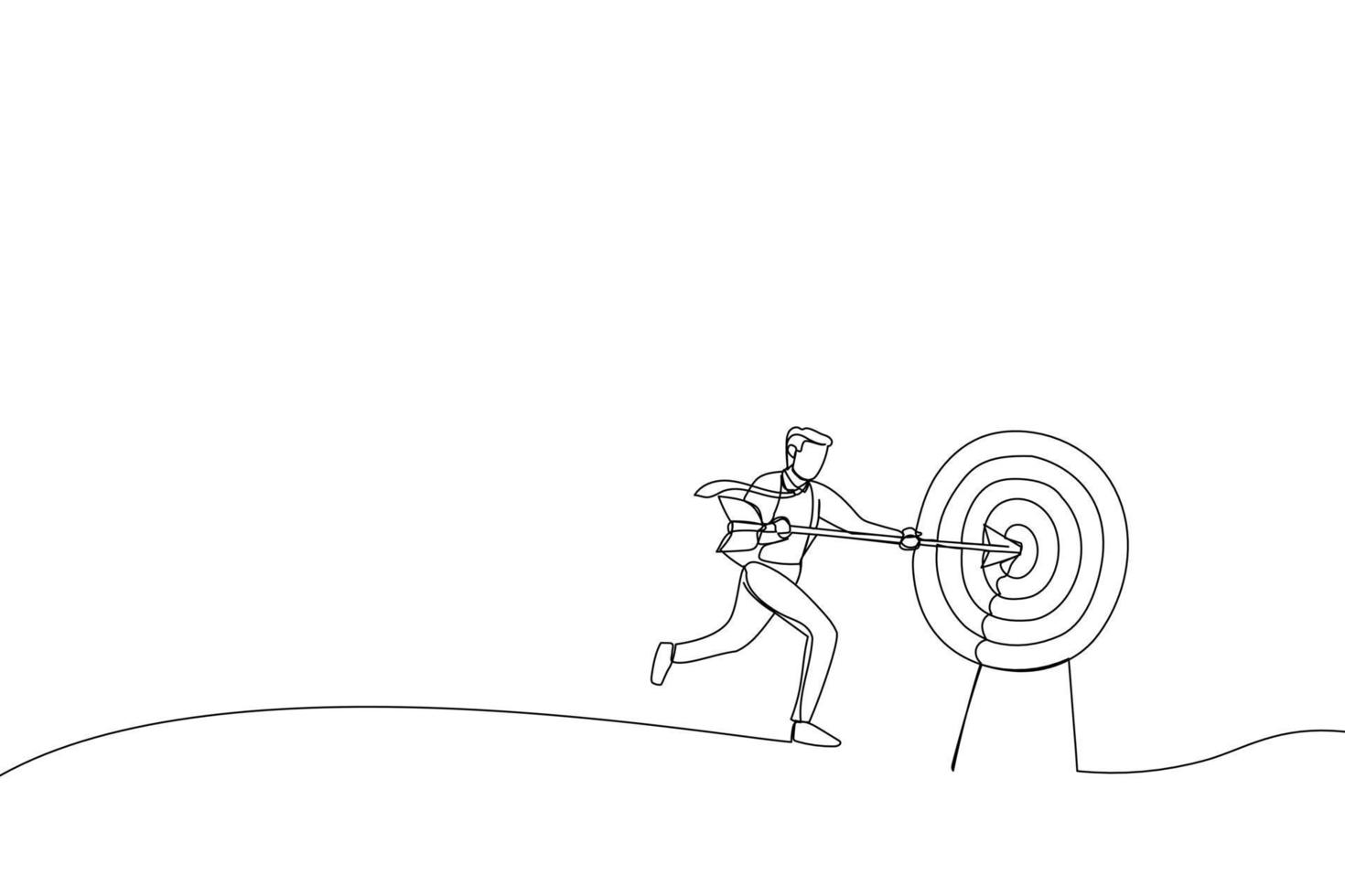 Cartoon of businessman shooting target with arrow. Metaphor for market goal achievement, financial aim. Single continuous line art style vector