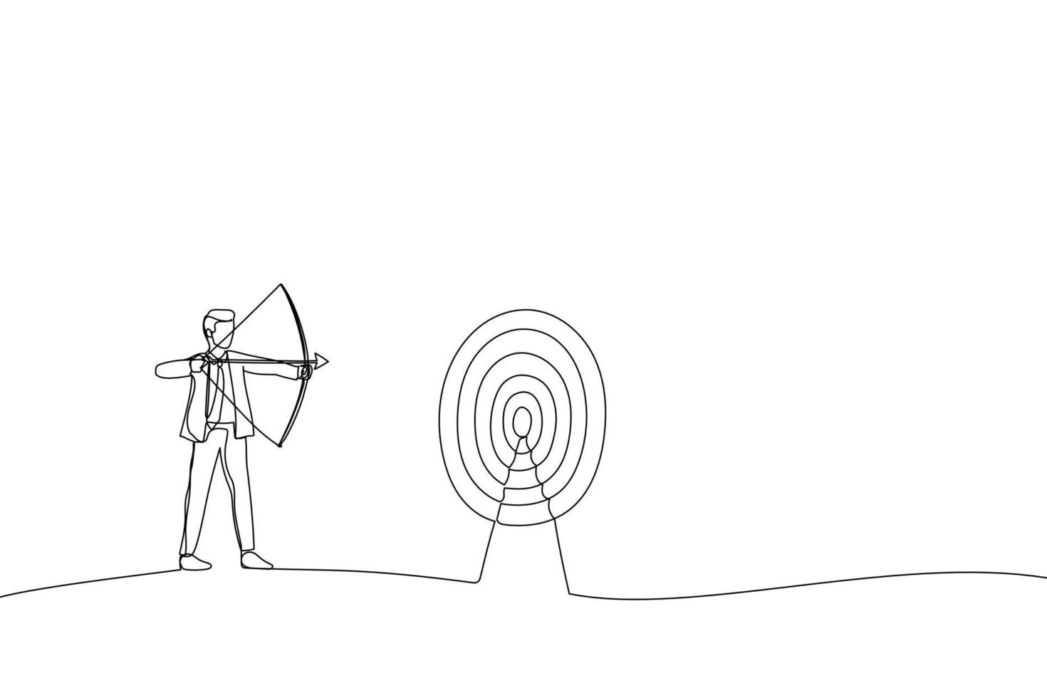 Drawing of successful businessman aiming target with bow and arrow. Single line art style vector