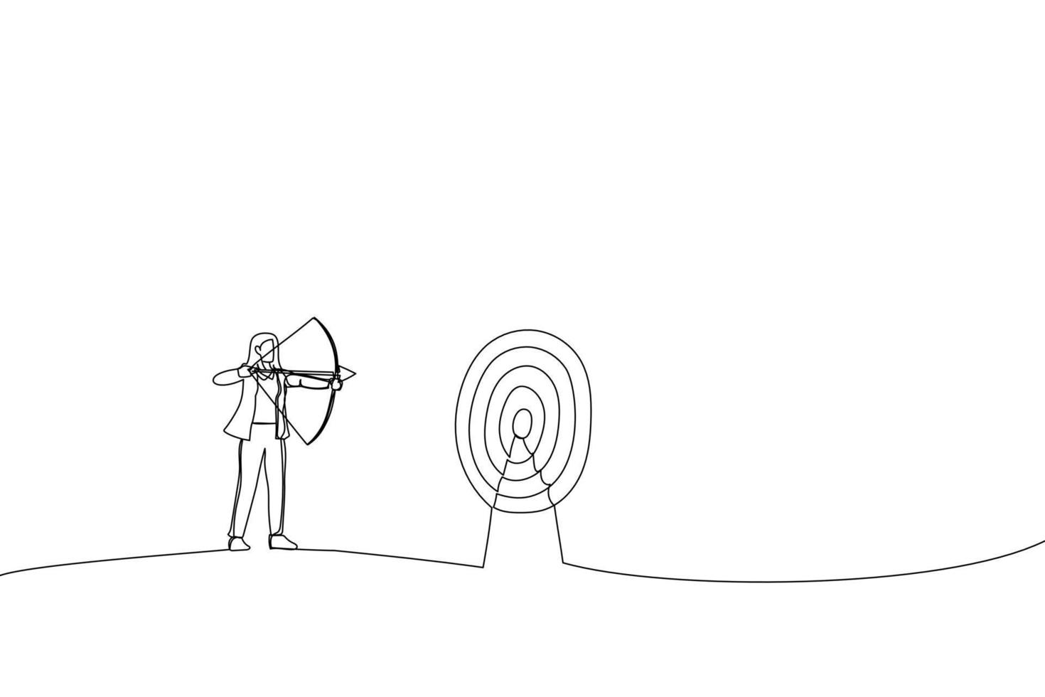 Drawing of successful businesswoman aiming target with bow and arrow. Single line art style vector