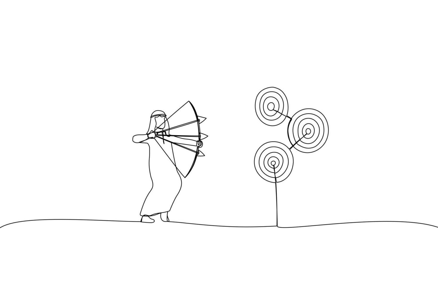 Drawing of arab businessman aiming multiple bows on three targets. Metaphor for multitasking or multiple purpose strategy, aiming for many targets or goal. Single line art style vector