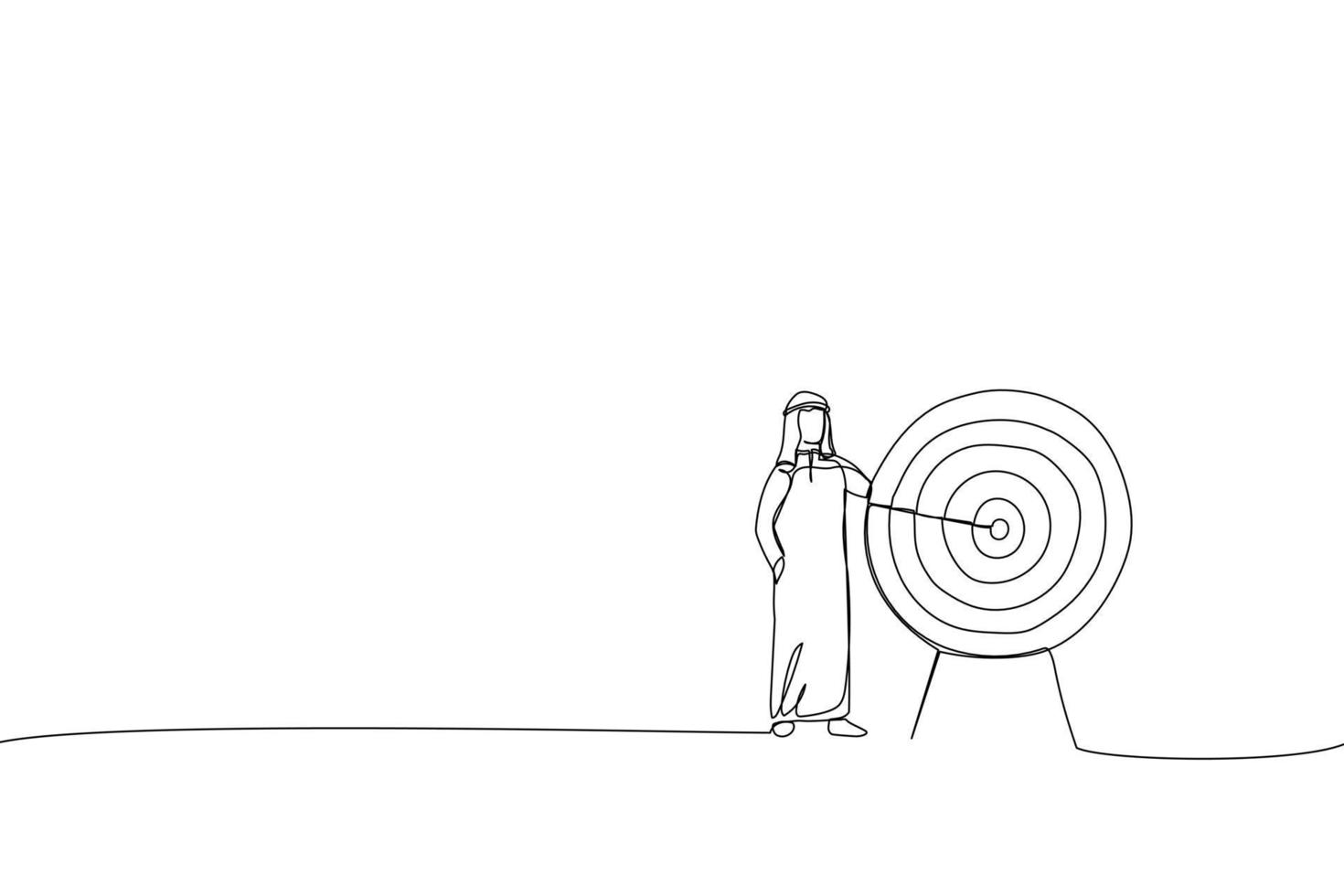 Cartoon of arab businessman standing next to a huge target with a dart in the center, arrow in bullseye. Metaphor for reaching goals and objective. Continuous line art vector