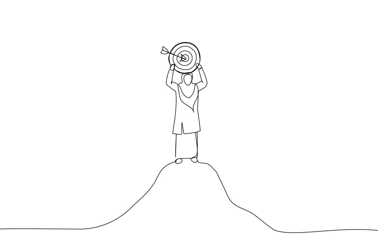 Cartoon of muslim businesswoman holding a target board on top of mountain. Metaphor for aim, objective and achievement. Continuous line art vector