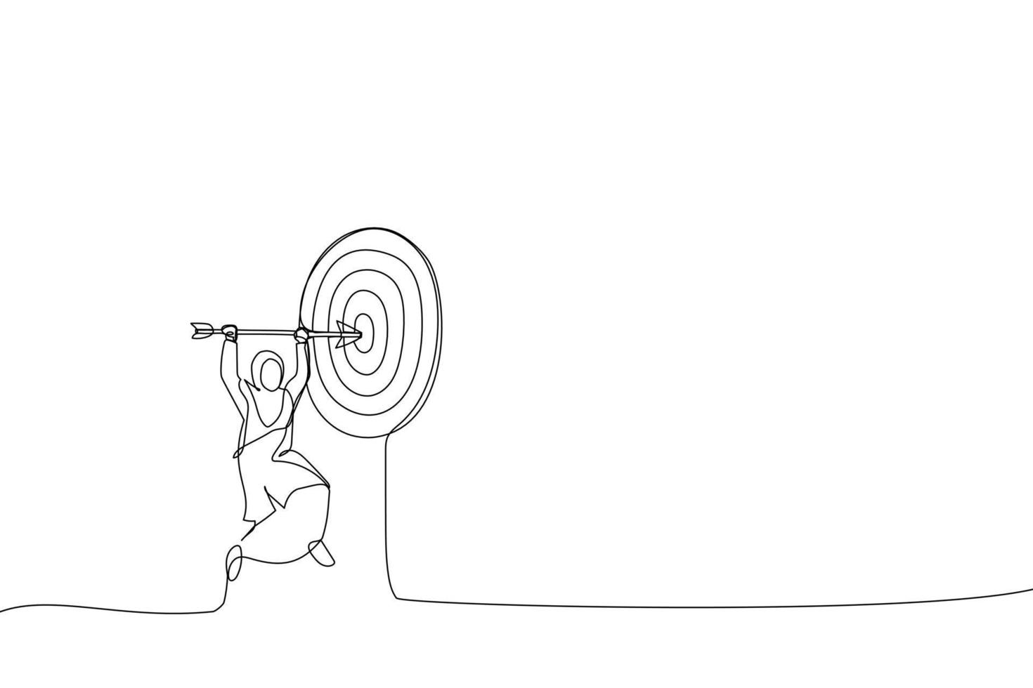 Drawing of muslim businesswoman holds arrow that hit target or bullseye.  Metaphor for target market. Single line art style vector